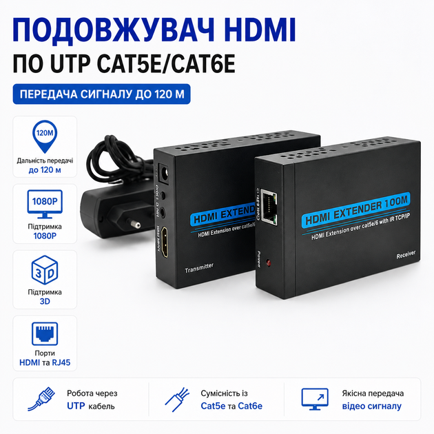 Активний подовжувач 120 м HDMI сигналу по Cat5e/6е кабелю 1080p/3D - Фото 1 Активний подовжувач 120 м HDMI сигналу по Cat5e/6е кабелю 1080p/3D - изображение 1