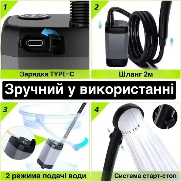 Мобильный душ MaxFlow 9000 mAh с насосом 8 л/мин, лейкой на 3 режима и системой старт-стоп для кемпинга, дачи, походов, путешествий - изображение 7