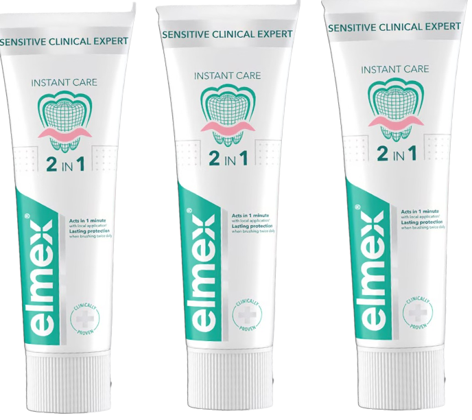 Zestaw past do zębów Elmex Sensitive Clinical Expert Instant Care Trio z fluorem 3 x 75 ml (8590232001491) - Zdjęcie 2 Zestaw past do zębów Elmex Sensitive Clinical Expert Instant Care Trio z fluorem 3 x 75 ml (8590232001491) - obraz 2