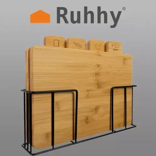 Набір кухонних дощок для нарізання Ruhhy 19338 4 шт з підставкою 28x20 см бамбукові для різних продуктів м'ясо риба овочі хліб еко-стиль - зображення 2