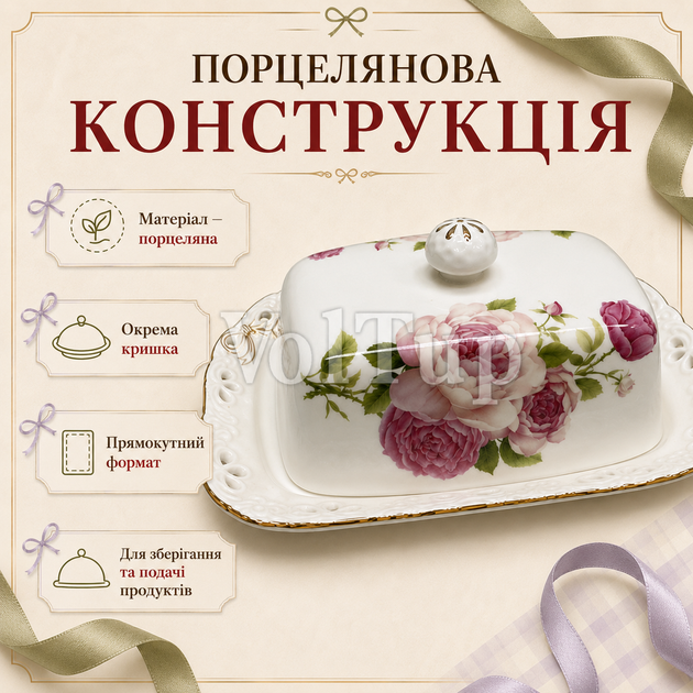 Маслянка порцелянова S&T Бант 18,8×13,5 см прямокутна, ємність для масла сиру та сала з кришкою - зображення 4