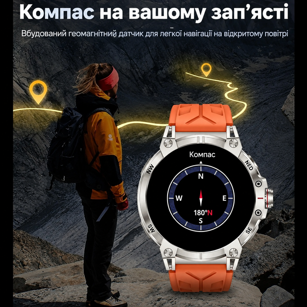 Смарт-часы KC89 тактический 1.85| HD с компасом, LED-фонарем, Bluetooth-звонками, 760 мАч, 100+ спорт. режимами, 2 ремешка - изображение 3