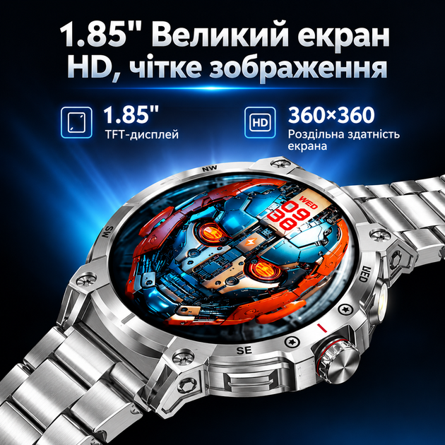 Смарт-часы KC89 тактический 1.85| HD с компасом, LED-фонарем, Bluetooth-звонками, 760 мАч, 100+ спорт. режимами, 2 ремешка - изображение 8