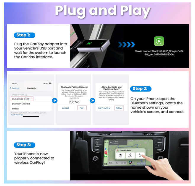 Адаптер S1 Wireless CarPlay для iPhone, переходник с проводного на беспроводной Apple CarPlay, Plug & Play, USB и Type-C - изображение 4