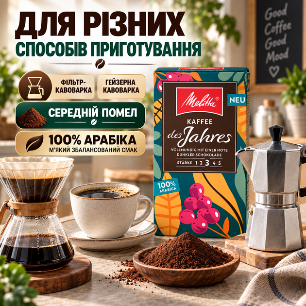 Кава Melitta Kaffee des Jahres мелена 510 г середнього обсмажування 100% арабіка середній помел інтенсивність 3/5 шоколадна кава з нотами темного шоколаду для щоденного приготування - Фото 3 Кава Melitta Kaffee des Jahres мелена 510 г середнього обсмажування 100% арабіка середній помел інтенсивність 3/5 шоколадна кава з нотами темного шоколаду для щоденного приготування - зображення 3