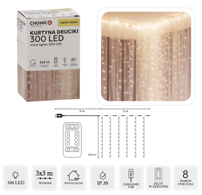 Гірлянда-штора Chomik LED 3х3 м 300 теплий білий USB з пультом - зображення 4