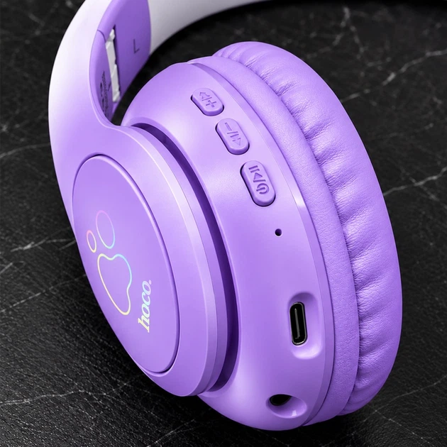 Беспроводные Bluetooth наушники HOCO W42 Cat Ears с кошачьими ушками, LED-подсветкой, TF AUX до 10 ч Фиолетовые с белым - изображение 6