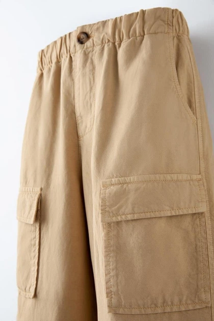 Штани карго cargo широкого крою для хлопчика Zara хакі 152 легка лляна тканина - изображение 2