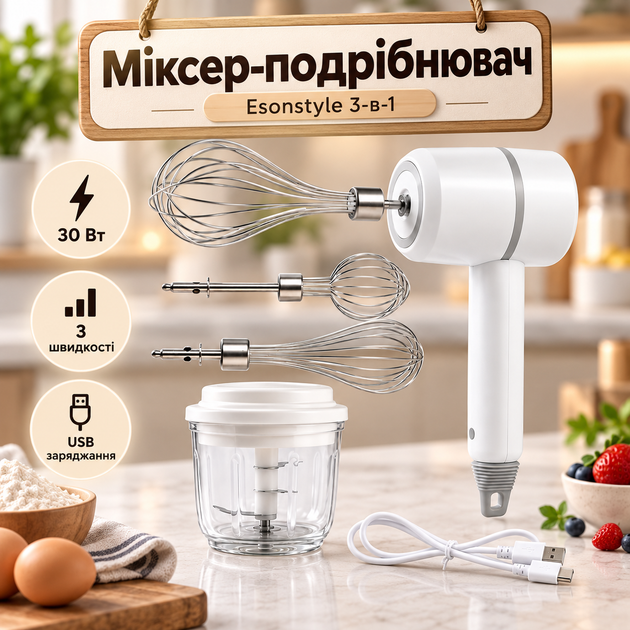 Бездротовий міксер-подрібнювач 3 в 1 30 Вт, кухонний блендер з 3 швидкостями, 2 вінчиками та USB-зарядкою - Фото 1 Бездротовий міксер-подрібнювач 3 в 1 30 Вт, кухонний блендер з 3 швидкостями, 2 вінчиками та USB-зарядкою - зображення 1
