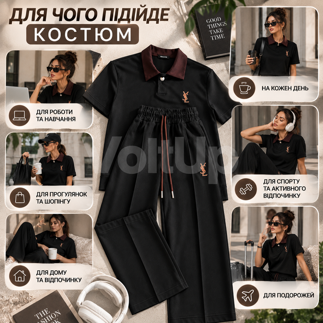 Женский костюм 48–50 черный из турецкой двунитки, футболка-поло с коротким рукавом и брюки свободного кроя - изображение 3