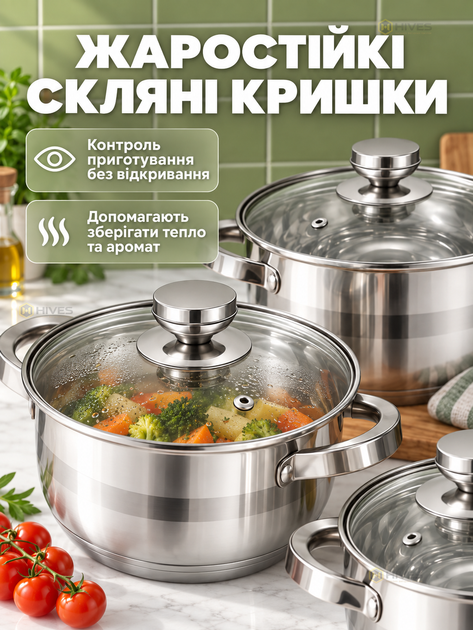 Набор кастрюль 6 предметов из нержавеющей стали 18/10 со стеклянными крышками, капсульным дном, для всех типов плит, 1,9/2,9/3,9 л, зеркальная полировка - Фото 3 Набор кастрюль 6 предметов из нержавеющей стали 18/10 со стеклянными крышками, капсульным дном, для всех типов плит, 1,9/2,9/3,9 л, зеркальная полировка - изображение 3