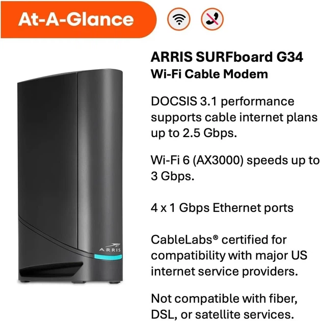 Комбинированный кабельный модем-маршрутизатор ARRIS SURFboard G34 Wi-Fi 6 AX3000 Черный (102204389) - Уценка - изображение 4