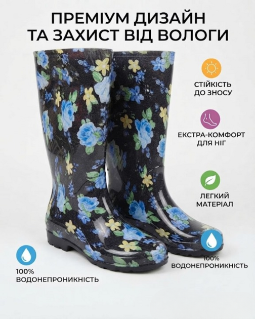 Женские сапоги силиконовые резиновые высокие садовые влагостойкие с принтом голубые цветы стильные демисезонные обувь для дачи и сада Имидж Realpaks размер 36 черные - изображение 4