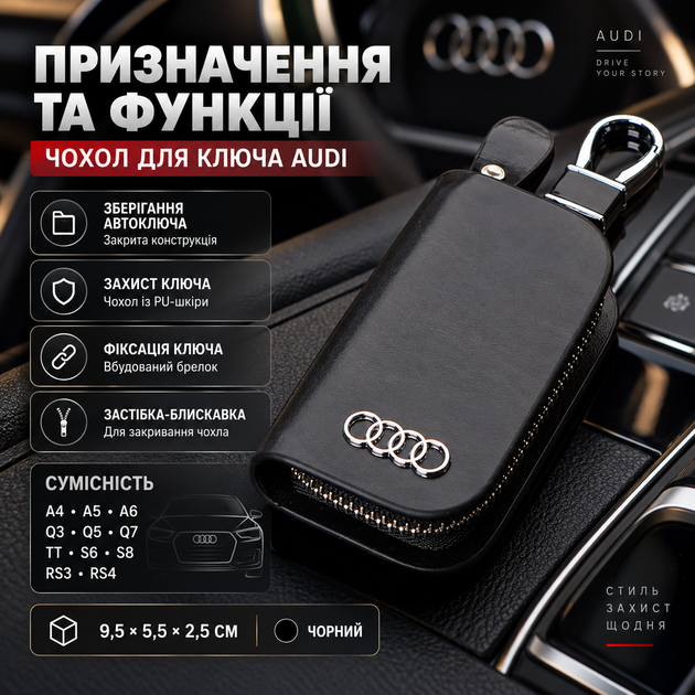 Ключница автомобильная для Audi A4 A5 Q3 A6 TT Q5 Q7 S6 S8 RS4 RS3 чёрная PU кожа защитный чехол ключей на молнии с брелоком металлической пряжкой футляр сумка 9.5х5.5х2.5 см - Фото 3 Ключница автомобильная для Audi A4 A5 Q3 A6 TT Q5 Q7 S6 S8 RS4 RS3 чёрная PU кожа защитный чехол ключей на молнии с брелоком металлической пряжкой футляр сумка 9.5х5.5х2.5 см - изображение 3