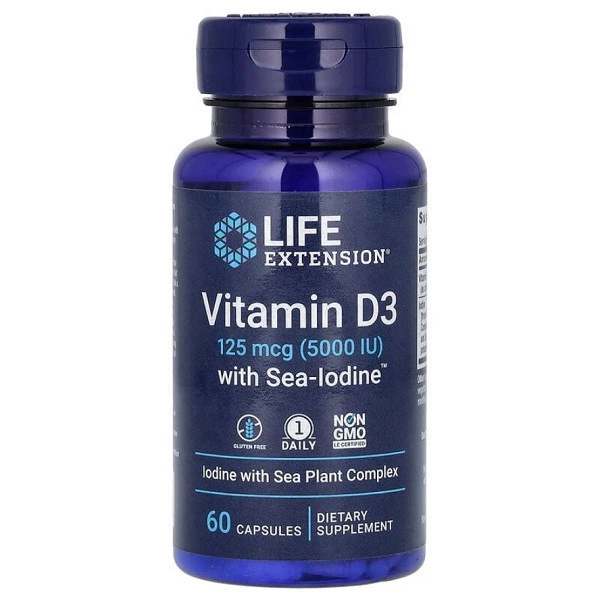 Вітаміни та мінерали Life Extension Vitamin D3 with Sea-Iodine 5000 IU 60 капсул - Фото 1 Вітаміни та мінерали Life Extension Vitamin D3 with Sea-Iodine 5000 IU 60 капсул - зображення 1
