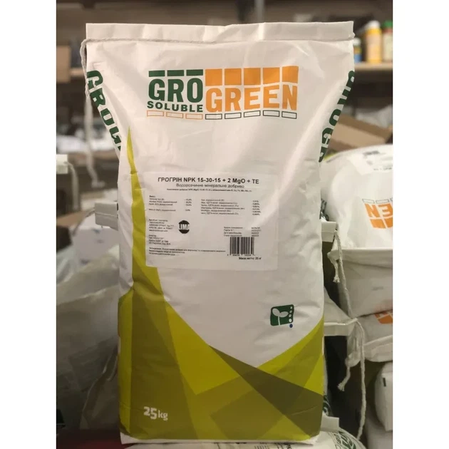 Добриво GroGreen NPK 15-30-15+2MgO+TE мінеральне водорозчинне 25 кг - Фото 1 Добриво GroGreen NPK 15-30-15+2MgO+TE мінеральне водорозчинне 25 кг - зображення 1