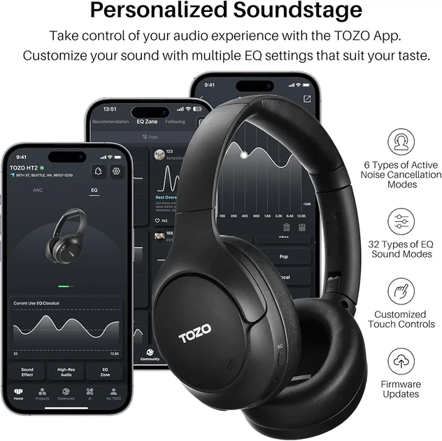 Наушники TOZO HT2 беспроводные Bluetooth, ANC/ENC, Hi-Res Audio, 40 мм, до 60 часов работы, черные - изображение 2