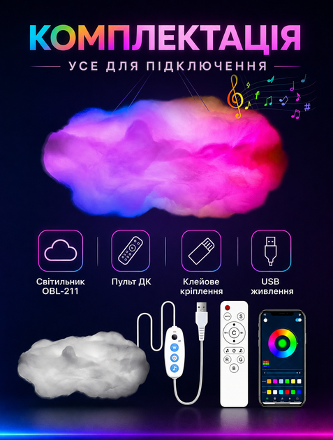 Подвесная смарт-люстра в форме облака с RGB подсветкой и синхронизацией с музыкой Bluetooth управлением и пультом - изображение 10