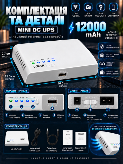 Безперебійник для роутера Mini UPS Andowl Q-A212 12000 mAh джерело безперебійного живлення для модема WiFi ONU - зображення 3