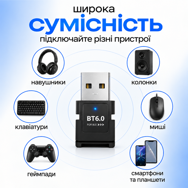Bluetooth-адаптер USB блютуз адаптер для ПК ноутбука модуль Bluetooth 6.0 EDR BLE Dual Mode Bluetooth ресивер приёмник мини адаптер для наушников мышки клавиатуры геймпада блютус модуль для ПК Windows 7 8.1 10 11 - изображение 2