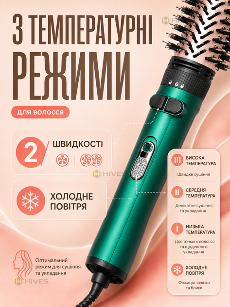 Фен-щітка 1200 Вт 2 в 1 з обертанням, фен-браш для волосся з насадками 32/50 мм, стайлер для сушіння та укладання - зображення 3