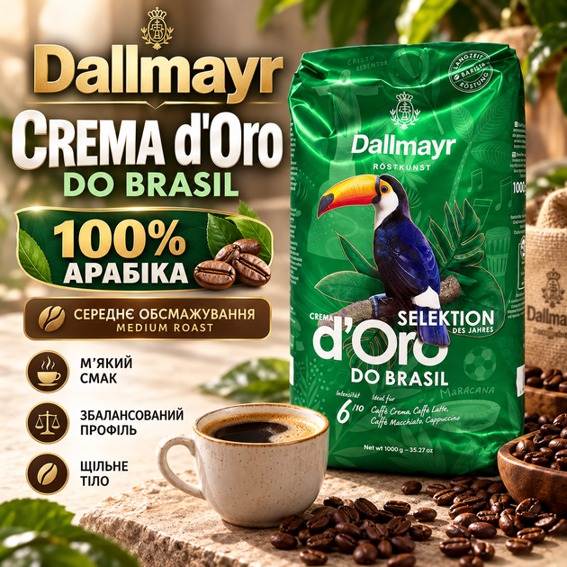 Кава в зернах Dallmayr Crema d'Oro do Brasil 100% арабіка 1010 г середнього обсмажування зернова кава з шоколадно-горіховими нотами для еспресо капучино лате кавомашини - Фото 1 Кава в зернах Dallmayr Crema d'Oro do Brasil 100% арабіка 1010 г середнього обсмажування зернова кава з шоколадно-горіховими нотами для еспресо капучино лате кавомашини - зображення 1