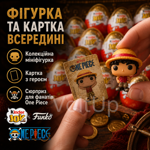 Коробка шоколадних яєць Kinder Joy One Piece Funko 72 шт з молочним і какао-кремом, вафельними кульками та іграшками-сюрпризами - зображення 5