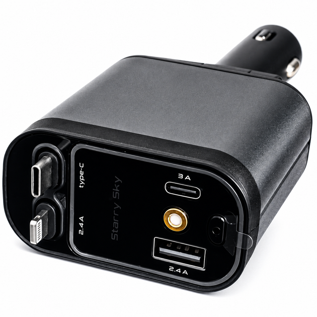 Автомобільний зарядний пристрій 4 в 1 60 Вт із висувними кабелями Type-C + iOS, USB + Type-C, RGB-підсвітка - Фото 9 Автомобільний зарядний пристрій 4 в 1 60 Вт із висувними кабелями Type-C + iOS, USB + Type-C, RGB-підсвітка - зображення 9