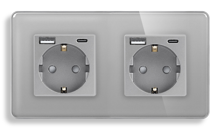 Стеклянная розетка с USB + Type-C 1DAL | Серый 2 гнезда (G157D-STUTCX2.GR) - Фото 1 Стеклянная розетка с USB + Type-C 1DAL | Серый 2 гнезда (G157D-STUTCX2.GR) - изображение 1