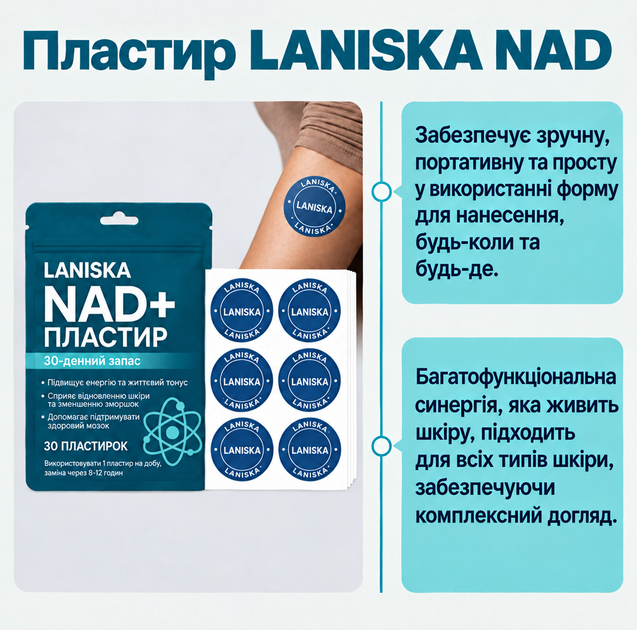 Трансдермальні антіейдж патчі Laniska NAD+ Patch з NMN, ресвератролом та CoQ10 для енергії, молодості та фокусу, 30 шт (II) 34680 - Фото 2 Трансдермальні антіейдж патчі Laniska NAD+ Patch з NMN, ресвератролом та CoQ10 для енергії, молодості та фокусу, 30 шт (II) 34680 - изображение 2