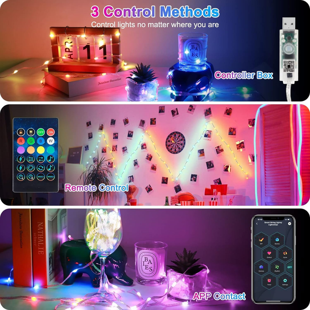 Умная RGB LED-гирлянда Oreunik 10 м 100 LED, Bluetooth, iDeal LED, синхронизация с музыкой, пульт, IP65, USB - изображение 5