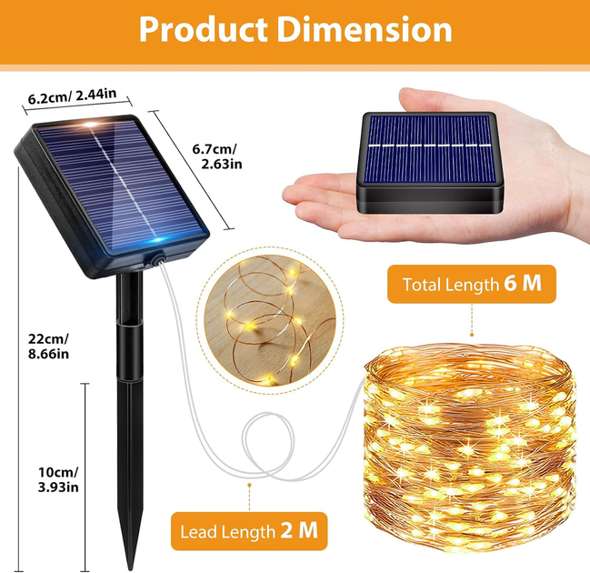 Солнечная LED-гирлянда Peasur 6 м 60 LED, теплый белый, 8 режимов, таймер, IP65, медная проволока - изображение 7