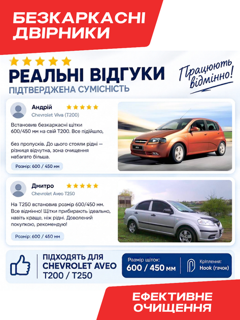 Бескаркасные дворники для Chevrolet Aveo 2002-2012, комплект пара - изображение 4