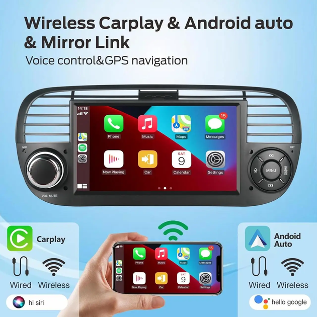 Автомагнитола Yeldhiza 2 DIN 7" для Fiat 500, CarPlay, Android Auto, Bluetooth, FM RDS DAB, сенсорный экран 2/32 ГБ - изображение 3