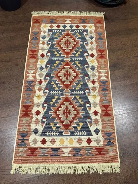 Двосторонній бавовняний килим 60x90 см з гуцульським візерунком оранжево-синій - зображення 5