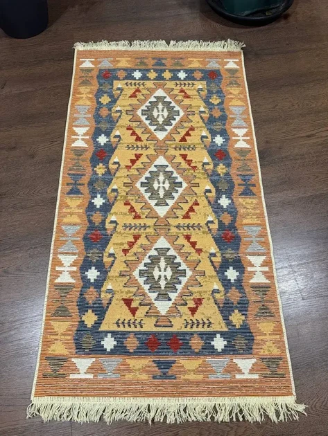 Двосторонній бавовняний килим 60x90 см з гуцульським візерунком оранжево-синій - зображення 6