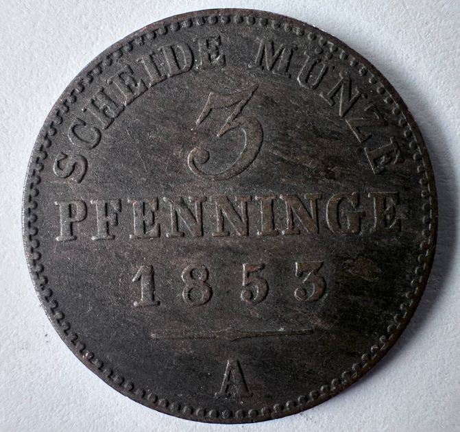 Пруссія 3 пфенніги 1853 рік Монети світу - Фото 1 Пруссія 3 пфенніги 1853 рік Монети світу - изображение 1