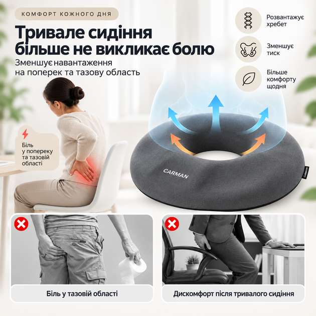 Ортопедическая подушка для сидения с отверстием Memory Foam со съемным чехлом анатомическая для копчика спины при геморрое после родов операций для длительного сидения офисного кресла автомобиля и дома - изображение 2