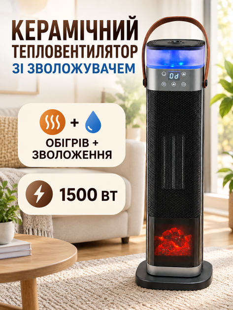 Керамический тепловентилятор с увлажнителем 1500 Вт 56,5×16×16 см с пультом и эффектом камина, черный (49676389) - изображение 2