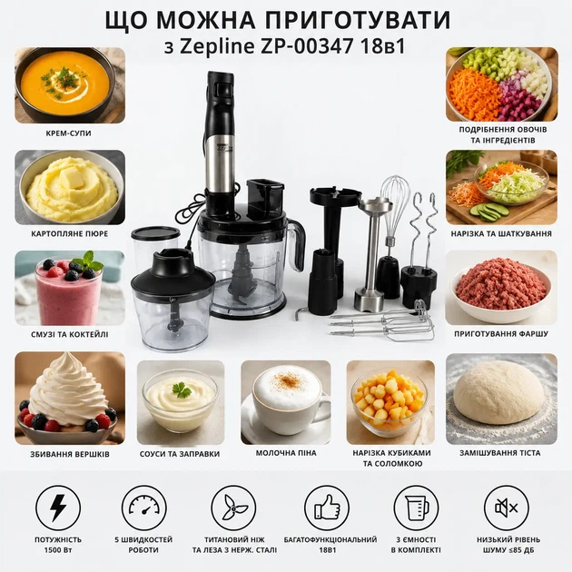 Блендер занурювальний багатофункціональний Zepline ZP-00347 18 в 1 1500 Вт з кухонним комбайном, подрібнювачем, вінчиком, насадкою для пюре та нарізання овочів - изображение 3