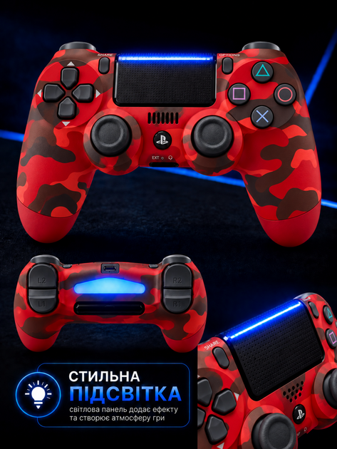 Джойстик ігровий універсальний для Sony PlayStation PS3 PS4 ПК iOS Android TV Windows бездротовий Doubleshock Bluetooth геймпад Sony Плейстейшен PS3 PS4 ПК комп'ютера Андроїд TV з подвійною вібрацією сенсором аудіо динаміком + зарядним червоний камуфляж - зображення 4
