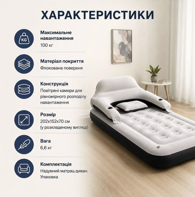 Надувной матрас-диван 2в1 202×152×70 см до 100 кг с регулируемым подголовником Флокированная кровать для дома дачи кемпинга и гостей - изображение 2