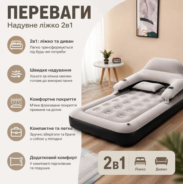 Надувной матрас-диван 2в1 202×152×70 см до 100 кг с регулируемым подголовником Флокированная кровать для дома дачи кемпинга и гостей - изображение 3