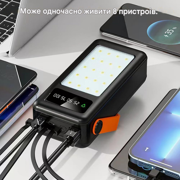 Повербанк 100000 mAh зовнішній акумулятор Power Bank із сонячною батареєю та дисплеєм для телефону 4 USB Type-C з ліхтариком - Фото 4 Повербанк 100000 mAh зовнішній акумулятор Power Bank із сонячною батареєю та дисплеєм для телефону 4 USB Type-C з ліхтариком - зображення 4