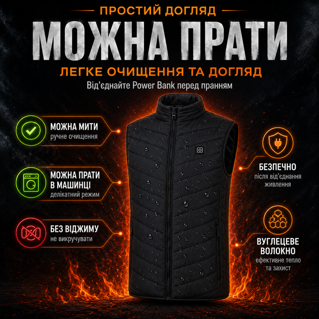 Жилетка 6XL з підігрівом на 9 зон та USB живленням від Power Bank, чорний - зображення 7