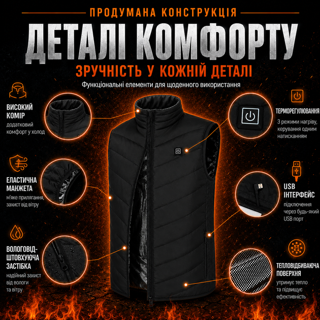 Жилетка 6XL з підігрівом на 9 зон та USB живленням від Power Bank, чорний - зображення 9