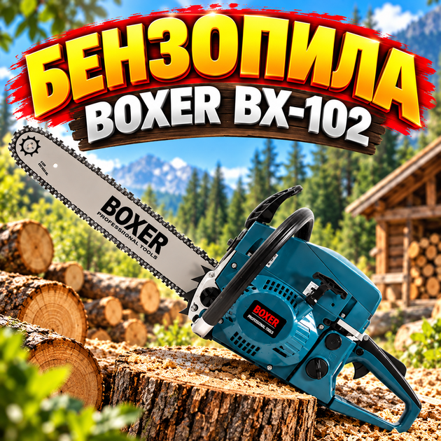 Бензопила цепная BOXER BX-102 52 см³ Пила бензиновая с антивибрационной системой Бензопила двухтактная - Фото 1 Бензопила цепная BOXER BX-102 52 см³ Пила бензиновая с антивибрационной системой Бензопила двухтактная - изображение 1