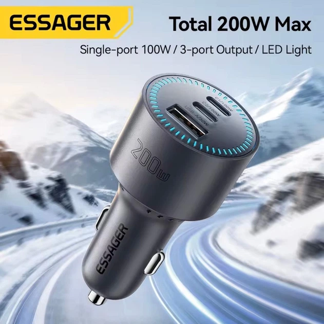 Автомобильное зарядное устройство Essager 200W (2xType-C + USB) - изображение 6