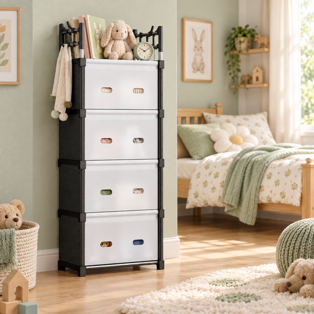 Комод дитячий пластиковий WFB05D 42x29x140 см / Вузька збірна шафа-органайзер з 4 шухлядами та верхньою полицею / Стелаж-етажерка - Фото 2 Комод дитячий пластиковий WFB05D 42x29x140 см / Вузька збірна шафа-органайзер з 4 шухлядами та верхньою полицею / Стелаж-етажерка - зображення 2