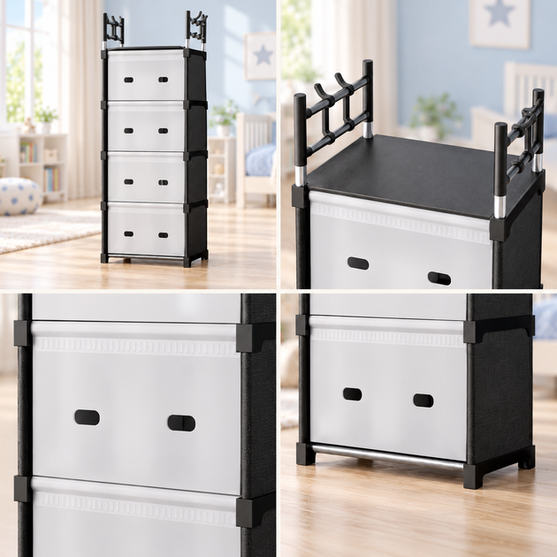 Комод дитячий пластиковий WFB05D 42x29x140 см / Вузька збірна шафа-органайзер з 4 шухлядами та верхньою полицею / Стелаж-етажерка - Фото 3 Комод дитячий пластиковий WFB05D 42x29x140 см / Вузька збірна шафа-органайзер з 4 шухлядами та верхньою полицею / Стелаж-етажерка - зображення 3